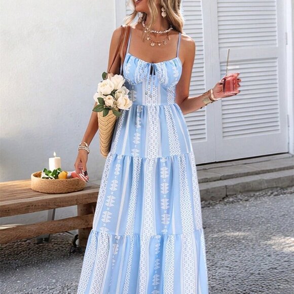 Blue Boho Women's Woven Print Spaghetti Strap Long Dress - Picture 6 of 6